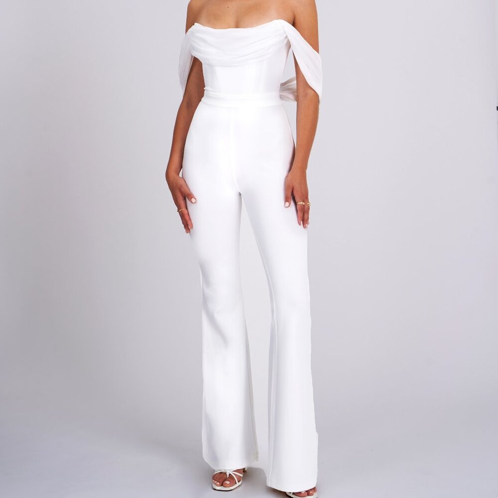 Sherlyn White Off Shoulder Flared Crepe Jumpsuit